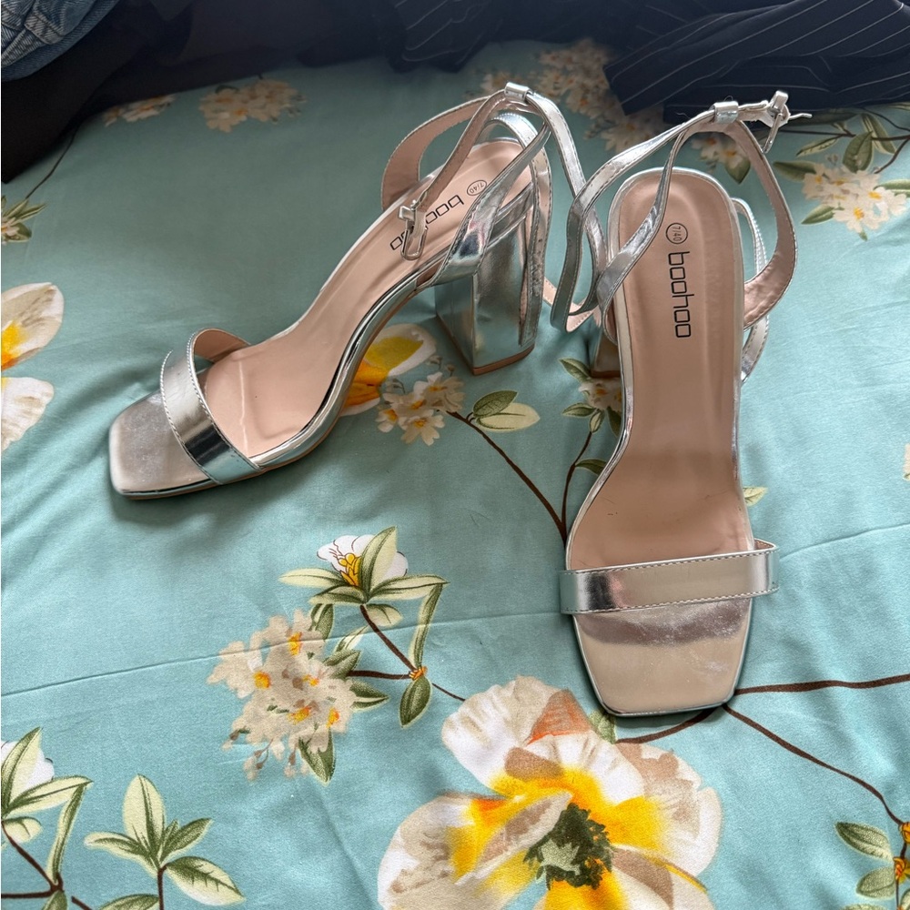 Boohoo Metallic Silver Ankle Strap Heels